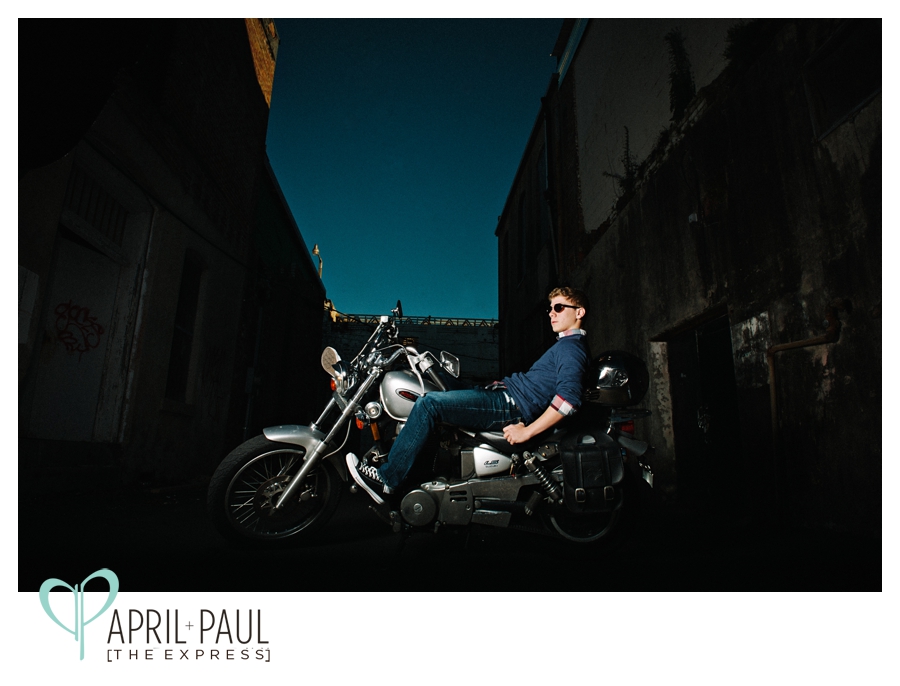 Downtown Hattiesburg MS Senior Portrait Photography with a motorcycle