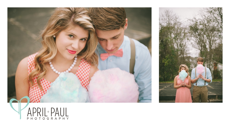 Vintage Cotton Candy Engagement Shoot with bow tie and pearls