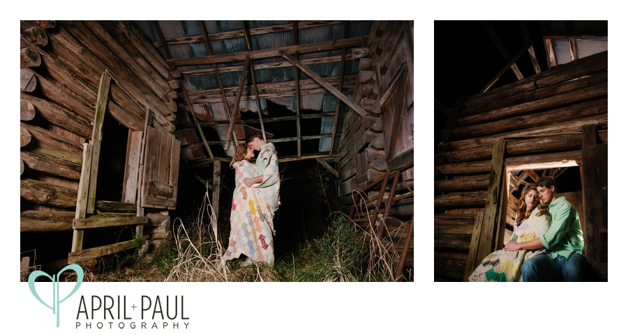 Vintage quilt and cabin engagement shoot