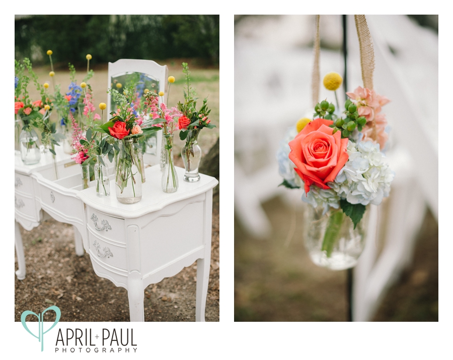 Vintage Wedding with White Vanity of vases with flowers at The Cedars