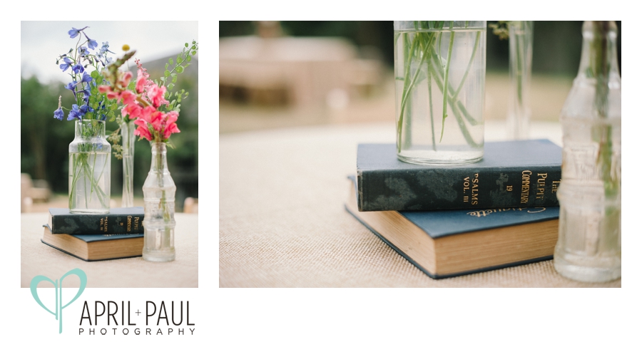 Vintage Wedding Decor with Books and Vases at The Cedars