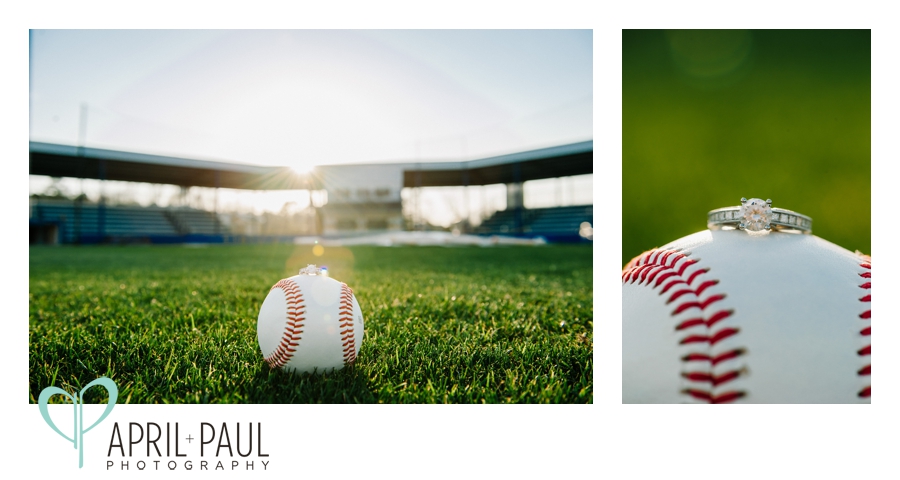 baseball themed engagement photo with ring on baseball