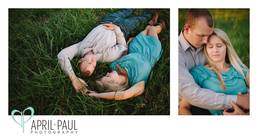 Engagement photos in the grass with turquoise sundress
