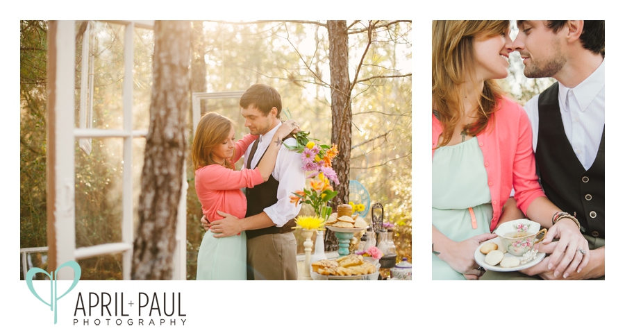 Tea Party Engagement Photography with windows in trees and bright colors