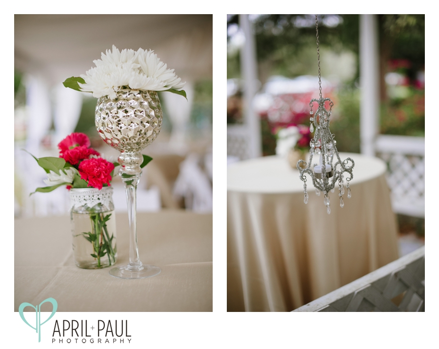 Pink floral arrangement and small chandelier 