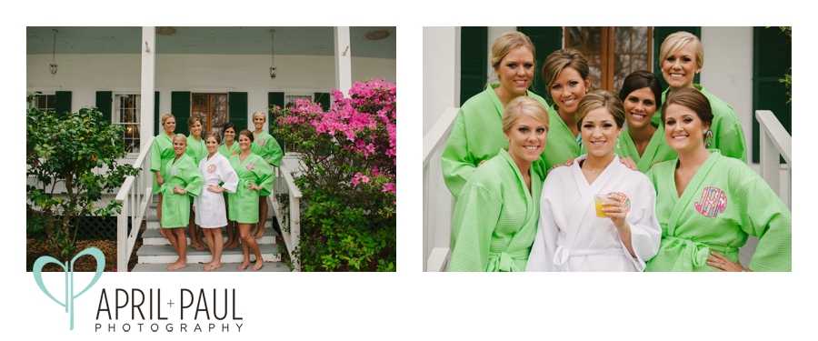 Bridal party in matching robes at The Old Place in Gautier, MS