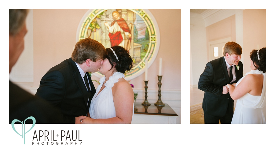 Bride and Groom first kiss at First Baptist of Columbia, MS
