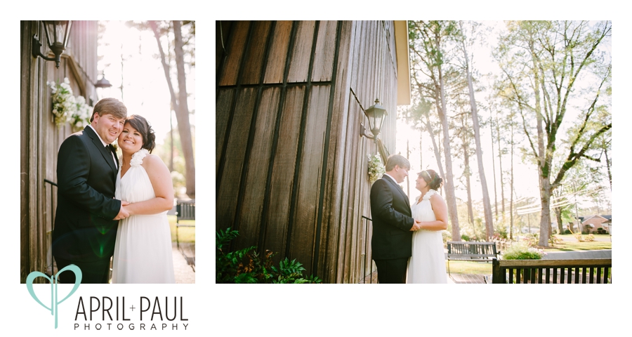 Bride and Groom at rustic wooden church in Columbia, MS