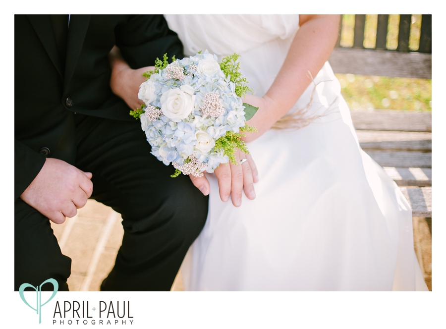 Bride and Groom with blue bouquet in Columbia, MS