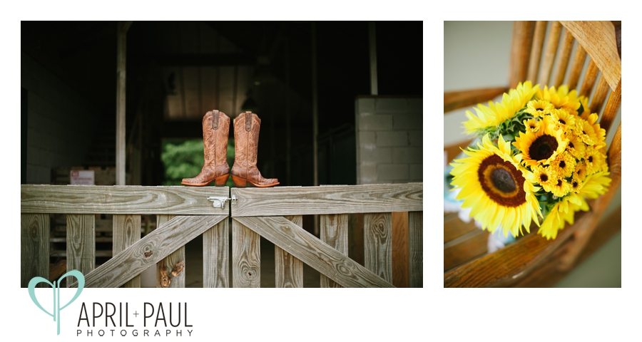 Cowboy boots and sunflower bouquet at a small backyard wedding in Mississippi