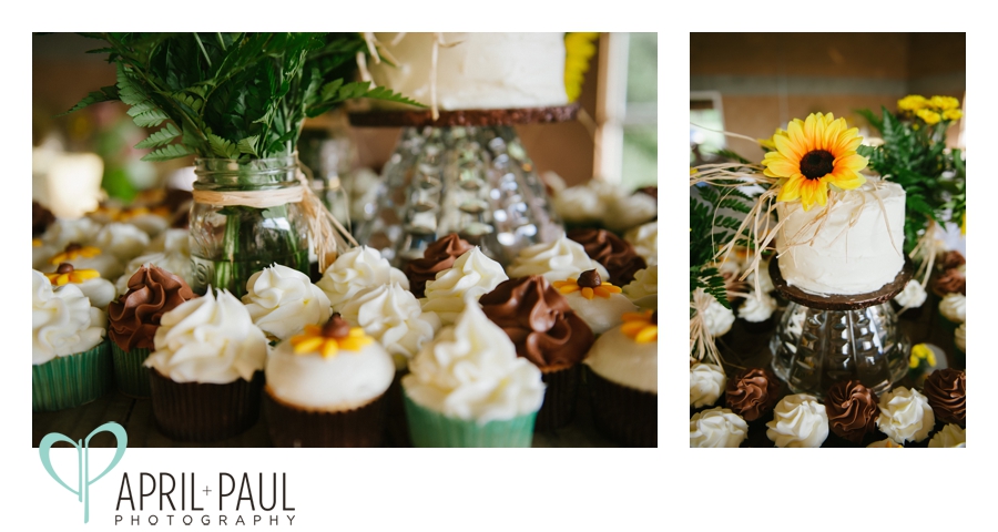 cupcakes and sunflower decor at wedding reception