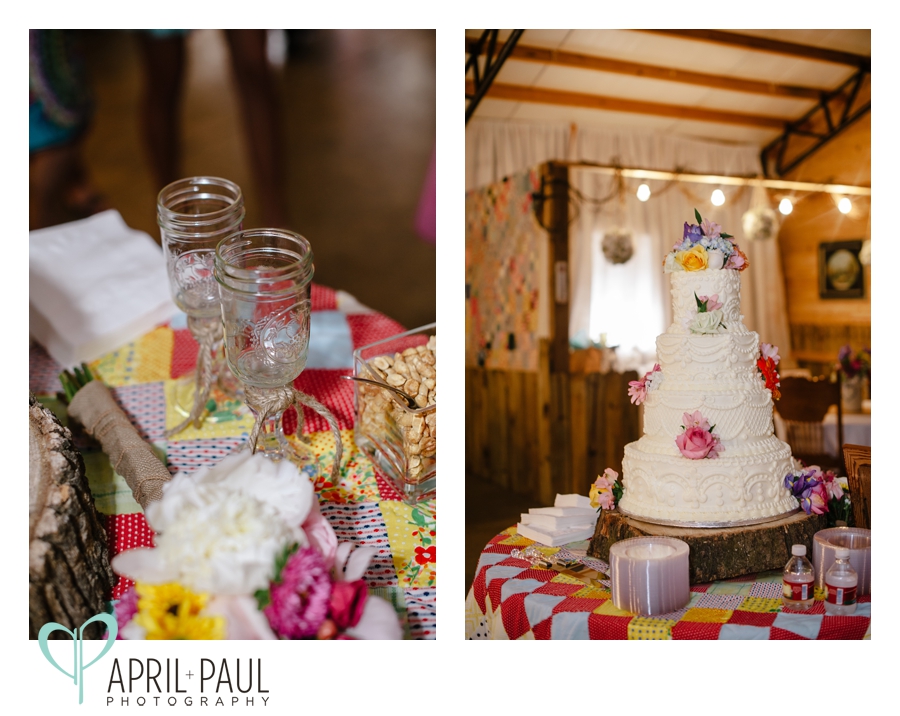 Wedding cake and mason jar glasses in Noxapater, MS Wedding