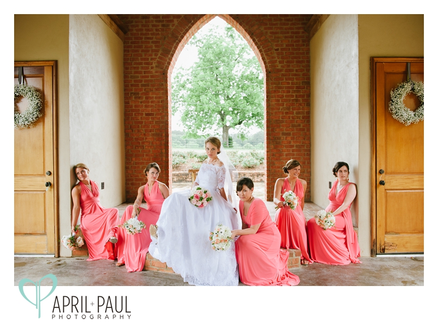 Bridesmaids pose at Oak Hill Stables in Oxford, MS
