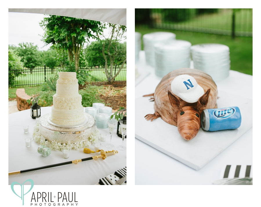 Wedding cake with military sword and armadillo grooms cake with beer