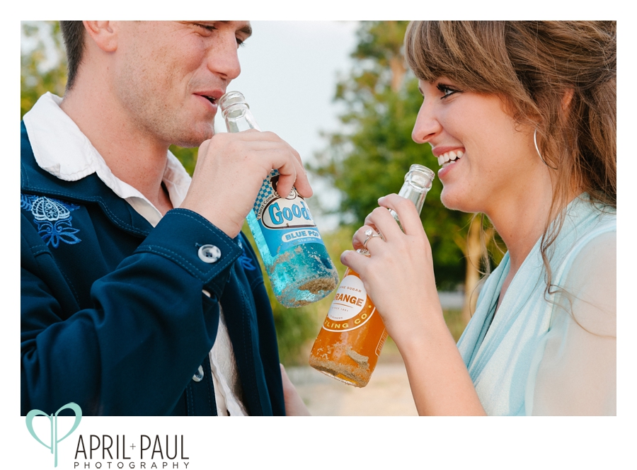 Beach engagement shoot with vintage drinks