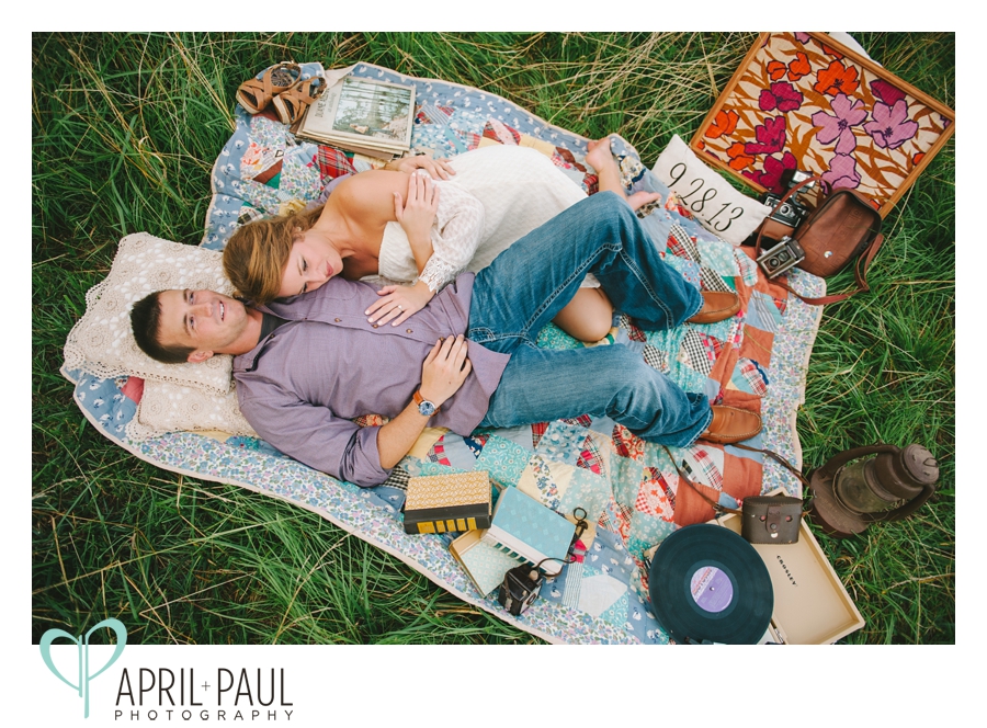 Vintage Field Engagement Photography with quilt and record player