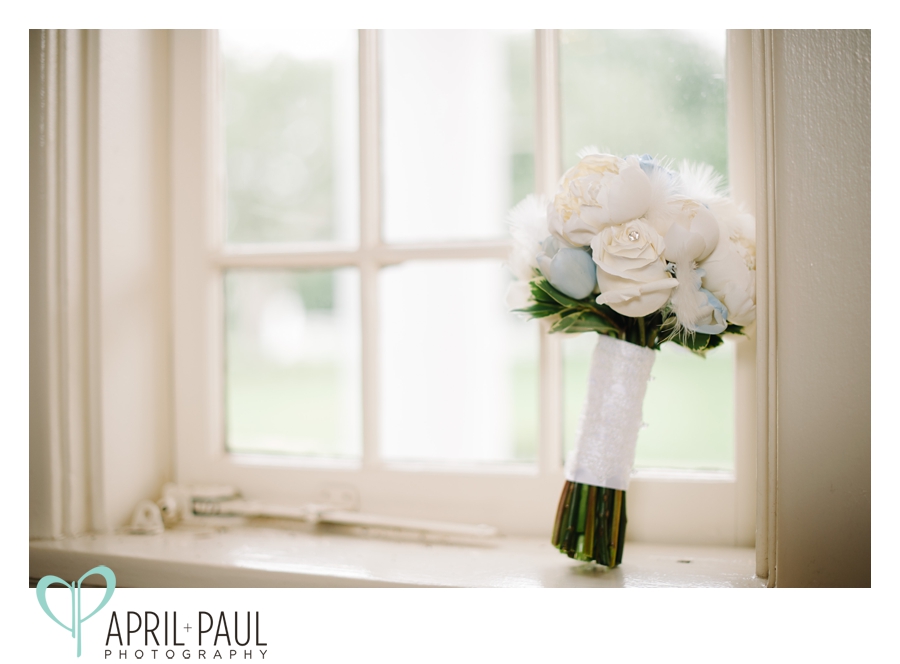 cream and blue wedding bouquet at Oak Crest Mansion in Pass Christian