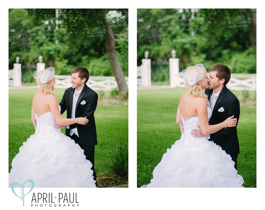 Bride and Groom First Look at Oak Crest Mansion Wedding in Mississippi